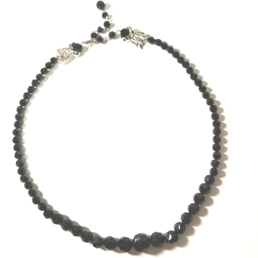 Vintage Avon Black Cut Glass Bead Necklace with Silver Diamante Detailing